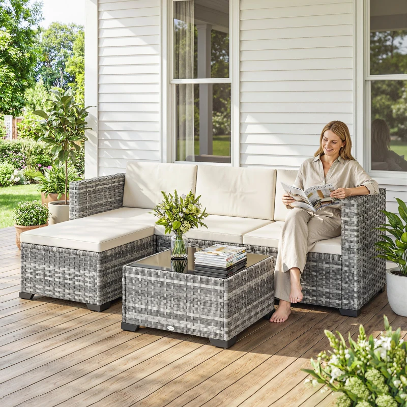 Outsunny Polyrattan Gartenmöbel Set 5-teilig, Lounge Set mit Ecksofa Hocker Tisch Sitz- & Rückenkissen Grau+Cremeweiß