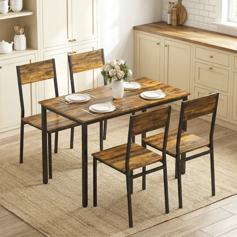 HOMCOM Ensemble table salle à manger avec 4 chaises, table de cuisine avec chaises 4 personnes, pieds en métal, brun rustique
