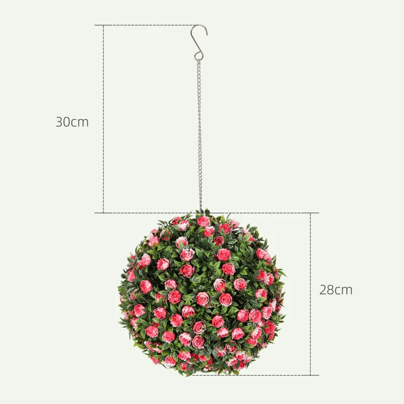 HOMCOM Set of 2 Decorative Artificial Plants, UV-protected Artificial Plant Topiary Rose Balls, Fake Plants for Home Indoor outdoor Decor, 28cm, Pink