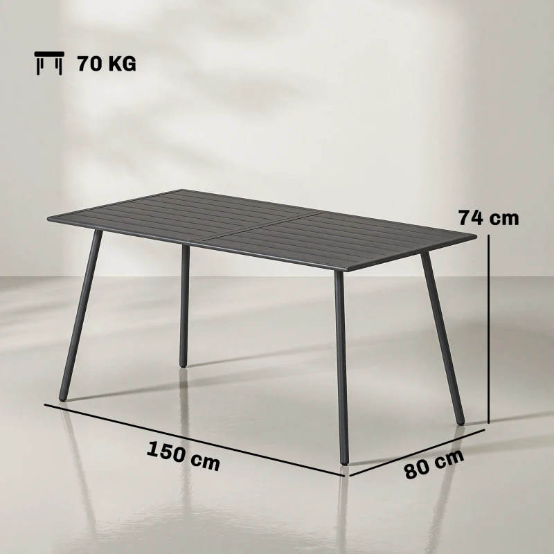 Outsunny Rectangle Garden Table with Slat Top, Steel Frame, Outdoor Table for 6 Person, 150 x 80 x 74 cm, Grey