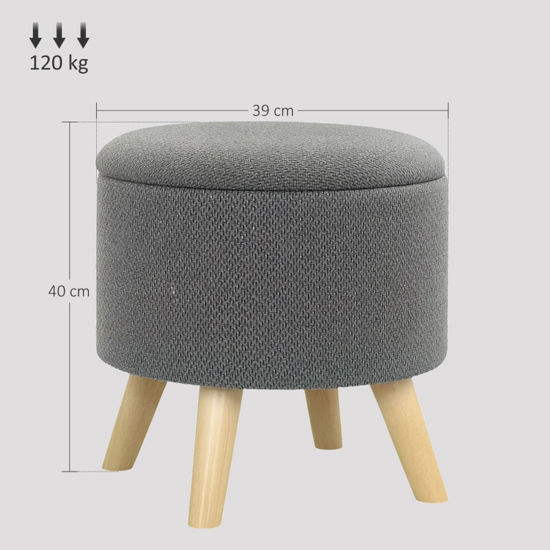 HOMCOM Pufe Redondo Repousa-pés Banco com Baú de Arrumação Pés em Madeira Design Moderno Cinza