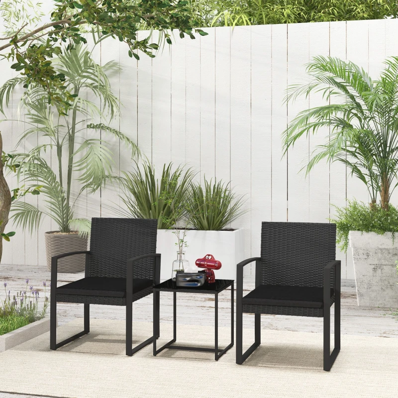 Outsunny Set da Giardino 3 Pezzi con 2 Sedie con Cuscini e Tavolino con Piano in Vetro, Effetto Rattan Nero