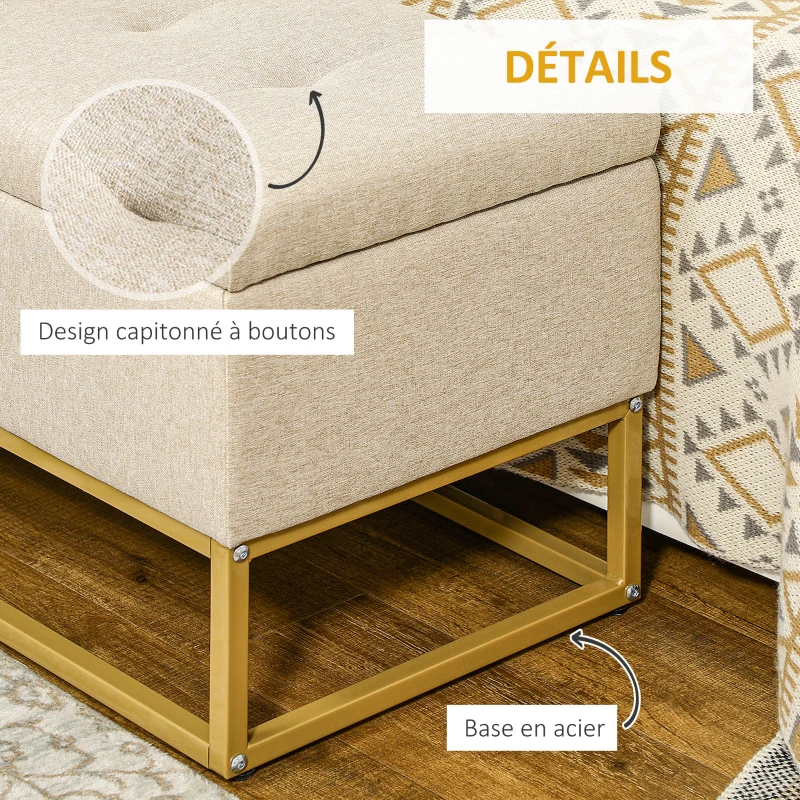 HOMCOM Banc banquette coffre de rangement 2 en 1 assise capitonnée et pieds acier 110 x 44 x 48 cm beige et doré