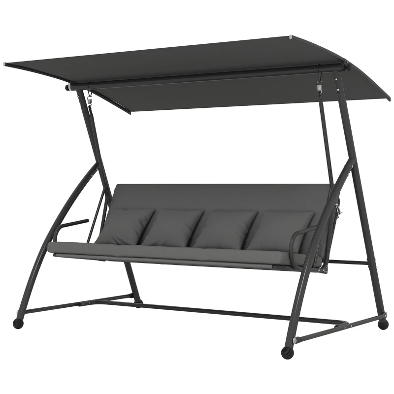 Outsunny Outdoor 2-in-1 Swing Chair Lounger 3 Seater Garden Swing Seat Bed Convertible Tilt Canopy W/ Cushion, Dark Grey