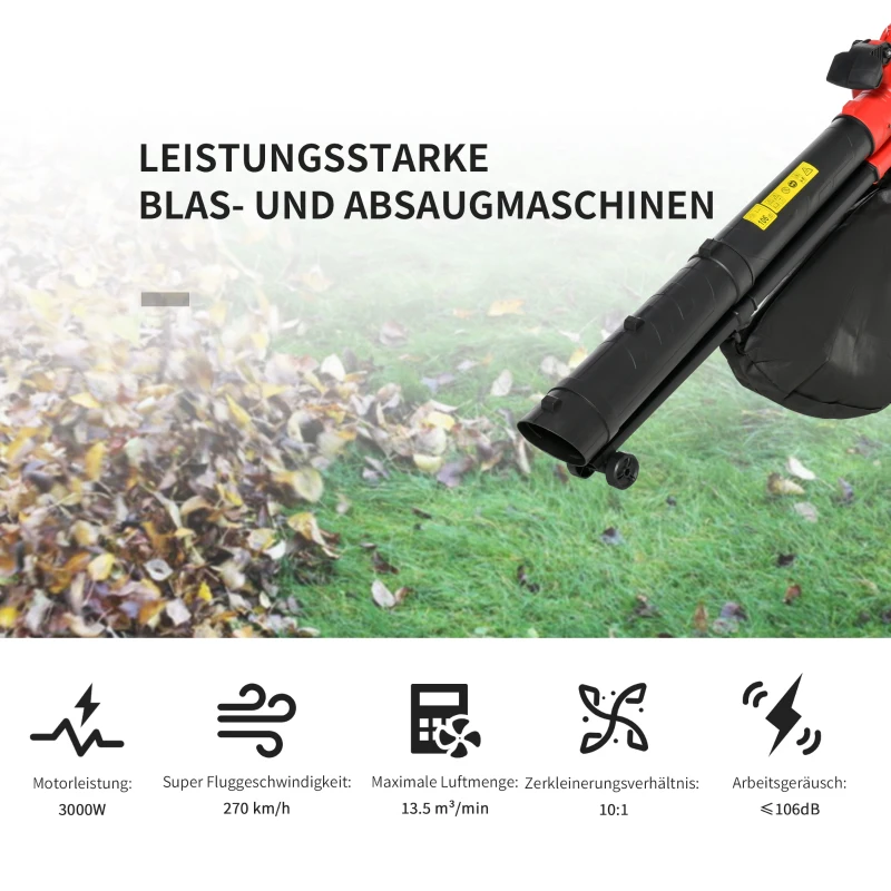 Outsunny 3-In-1 Elektro Laubsauger Laubbläser 3000 W Elektro-Vakuumgebläse Elektro-Laubbläser Gartenblattgebläse mit 45-Liter Fangsack Kunststoff Rot+Schwarz 118 x 17 x 34 cm