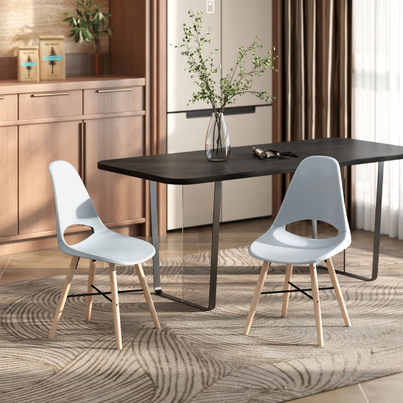 HOMCOM Pack de 2 Sillas de Comedor de Plástico con Respaldo Curvado y Patas de Madera de Caucho Gris