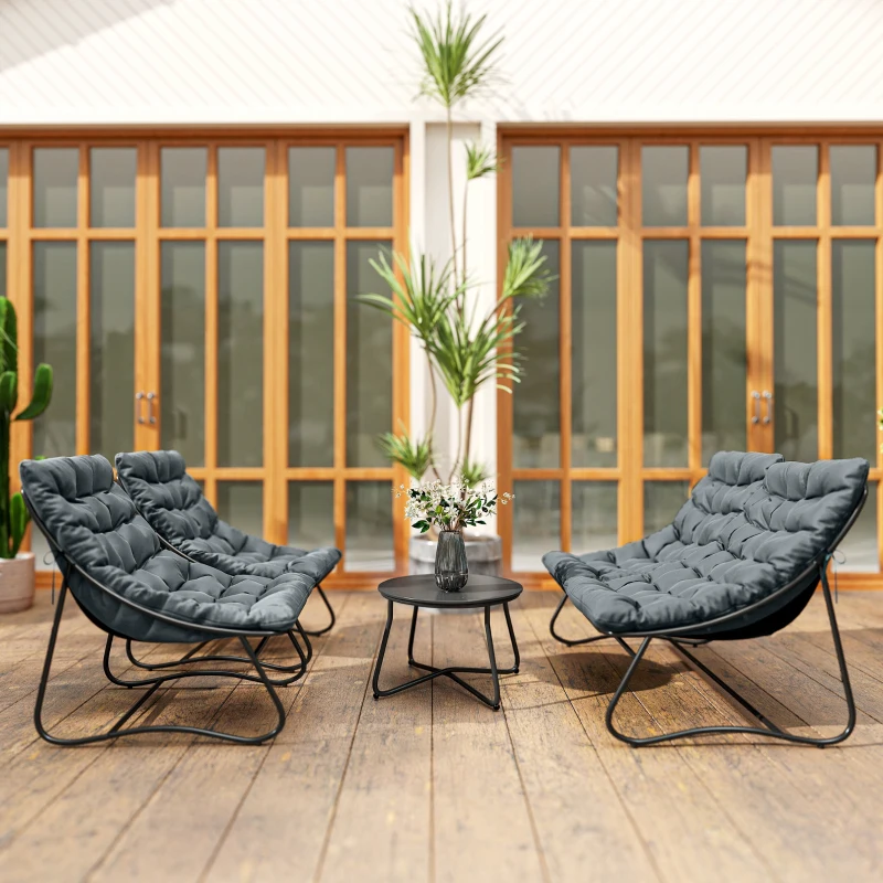 Outsunny 4-Sitzer Gartenmöbel-Set, 2 Stühle, 1 Doppel-Sofa, 1 Tisch, dicke Kissen, Stahlrahmen, für Terrasse, Grau