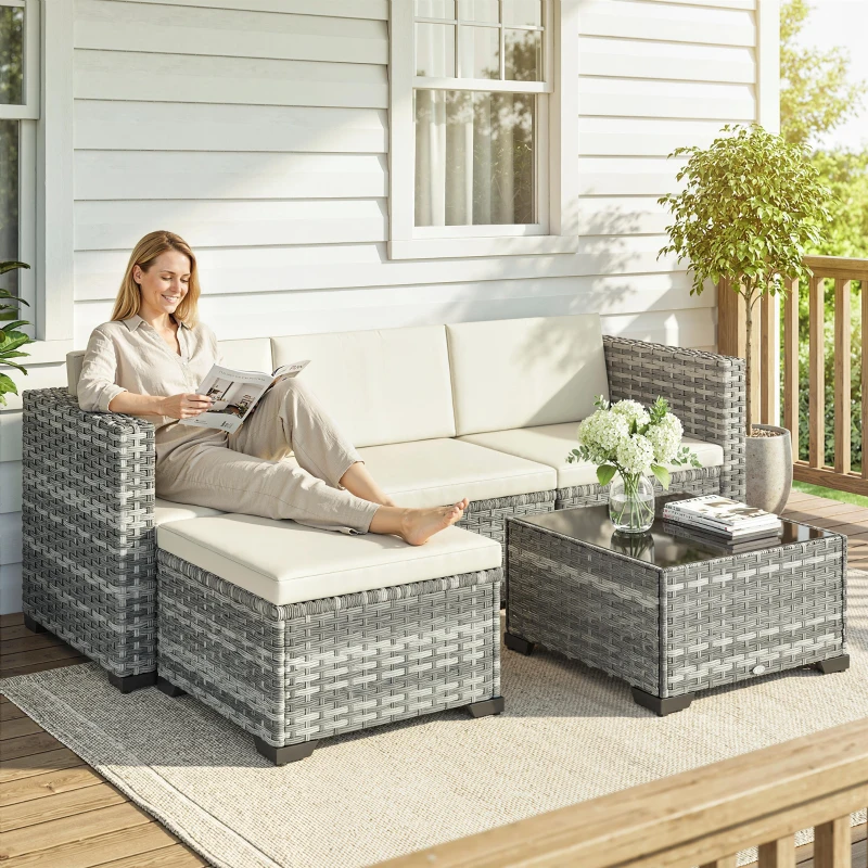 Outsunny Polyrattan Gartenmöbel Set 5-teilig, Lounge Set mit Ecksofa Hocker Tisch Sitz- & Rückenkissen Grau+Cremeweiß