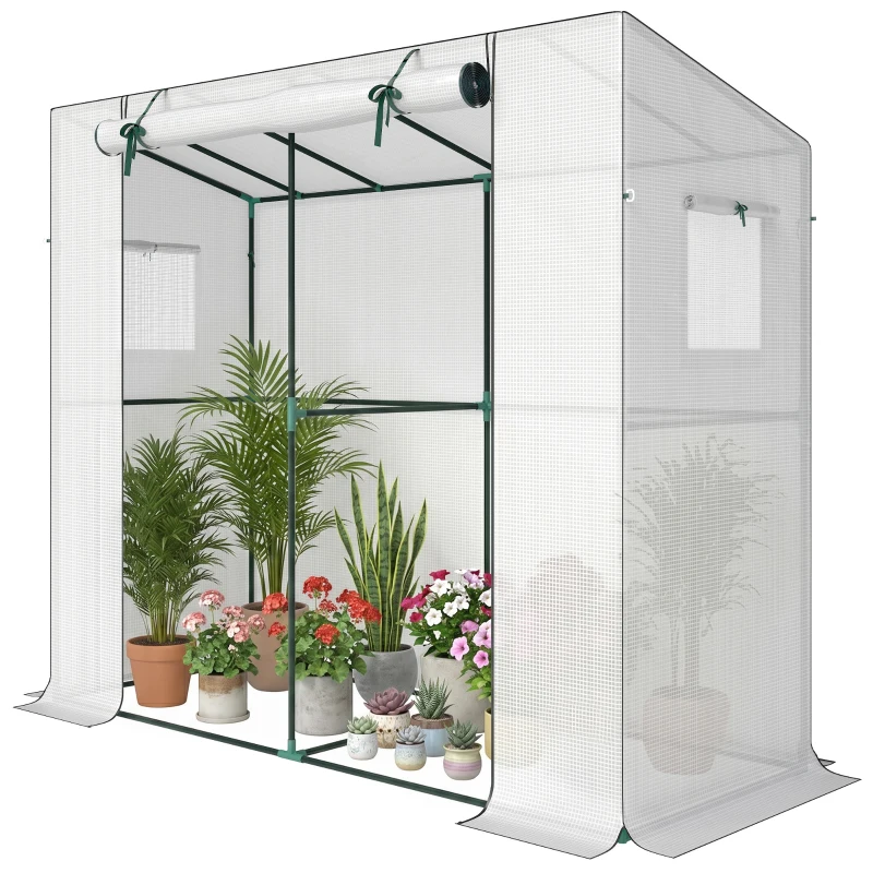 Outsunny Mini-estufa Estufa Encostada com Porta Enrolável e Janelas de Tela Resistente aos UV para Flores Mudas Plantas Branco