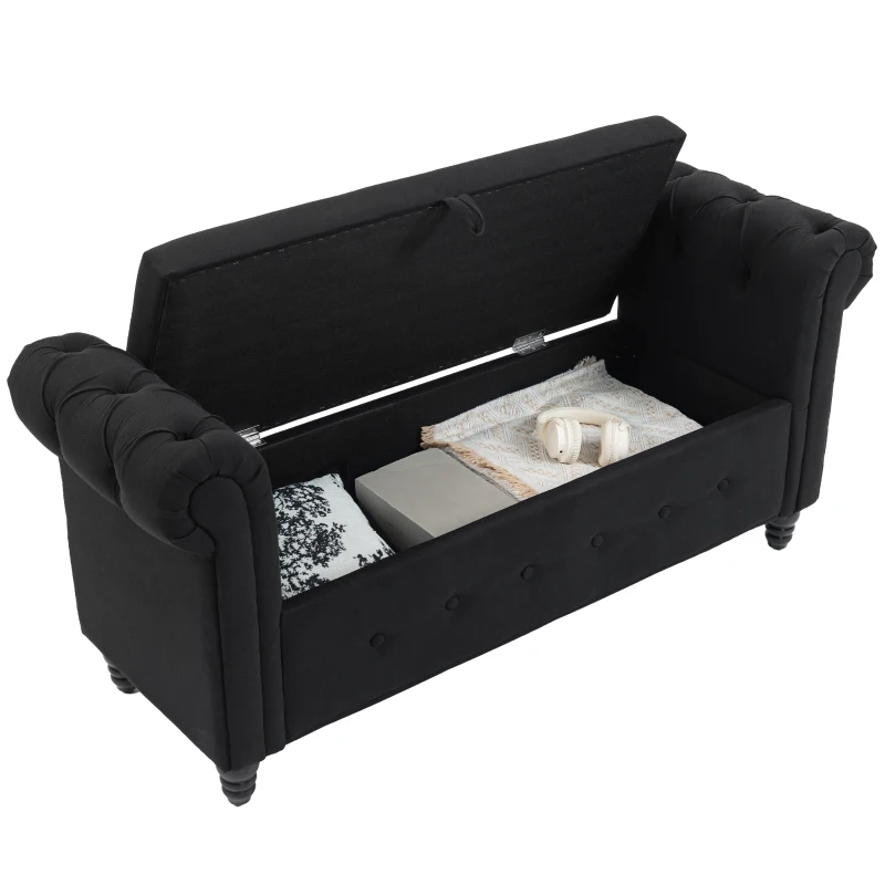 HOMCOM Banc banquette coffre 2 en 1 en tissu aspect lin avec pieds en bois 146,5 x 49 x 72 cm noir(m-12)