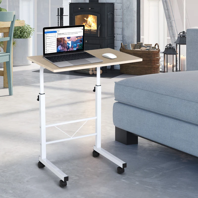 HOMCOM Table roulante de lit canapé table pour ordinateur table informatique dim. 60L x 40l x 68-78H cm hauteur réglable 4 roulettes blanc érable