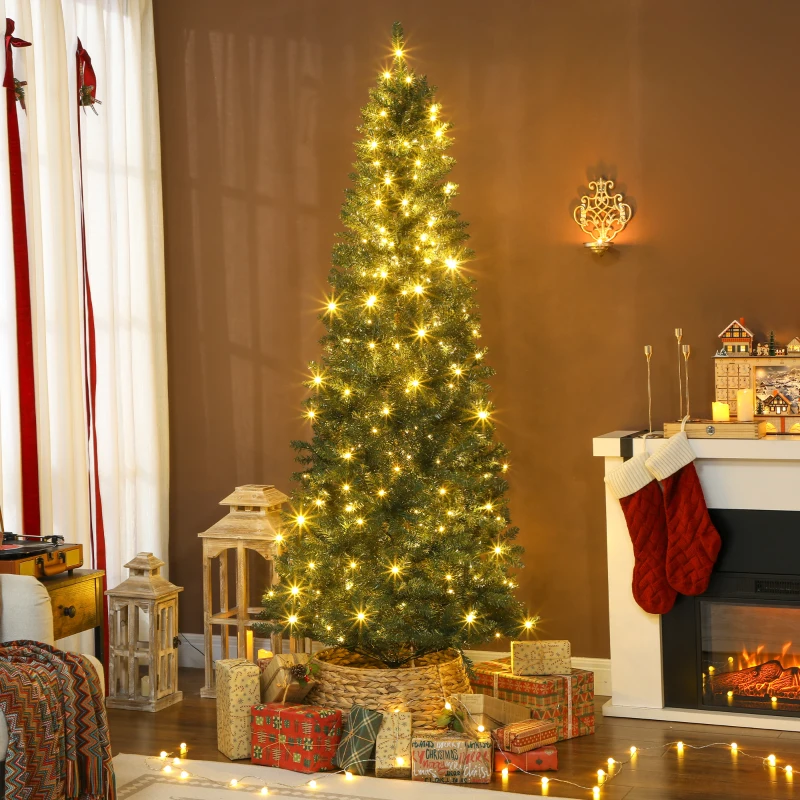 HOMCOM Sapin de Noël artificiel 210 cm, arbre de Noël fin avec 350 lumières, 1273 pointes, support en métal pliable, vert
