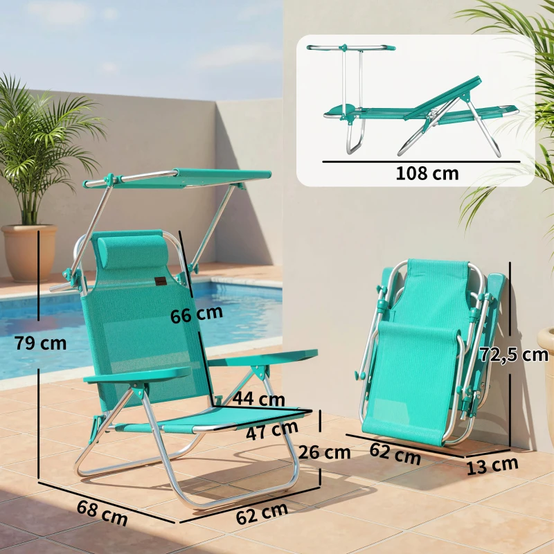 Outsunny Juego de 2 Sillas de Playa Plegables con Dosel Ajustable Respaldo Reclinable en 6 Posiciones Reposacabezas Turquesa