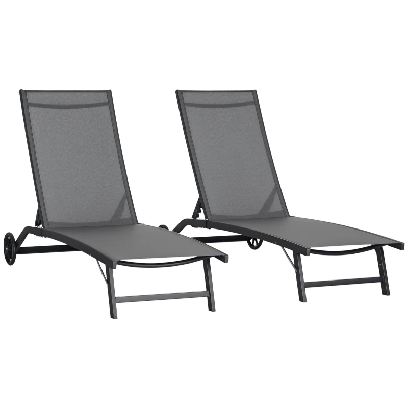 Outsunny Lot de 2 bains de soleil en aluminium et textilène avec roulettes dossier inclinable charge max. 150 Kg Gris foncé