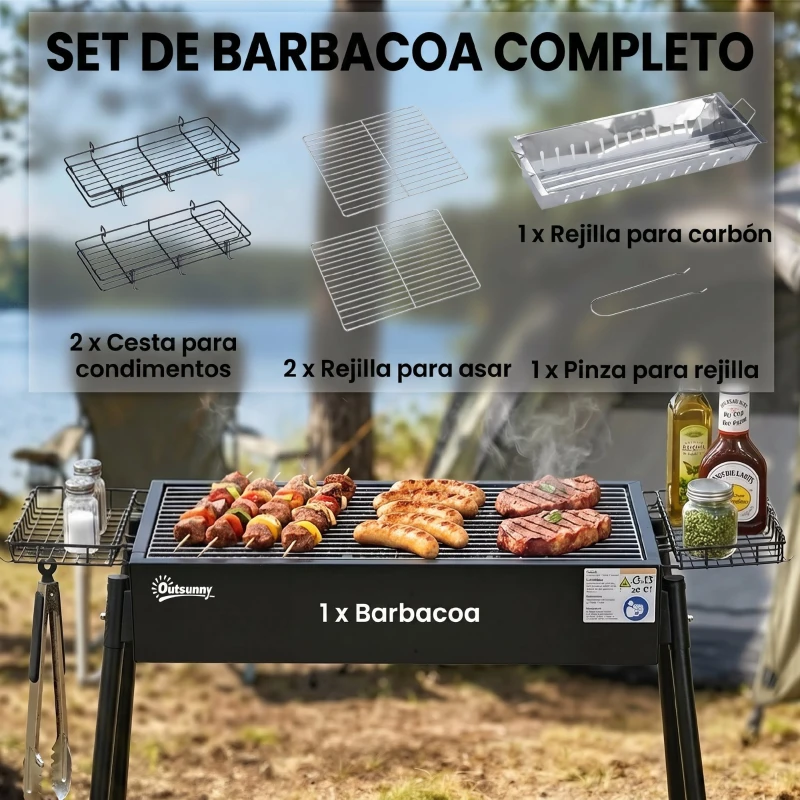 Outsunny Barbacoa de Carbón con 2 Parrillas de Acero Inoxidable Barbacoa Portátil con 2 Especieros para Camping 94x39x70 cm Negro