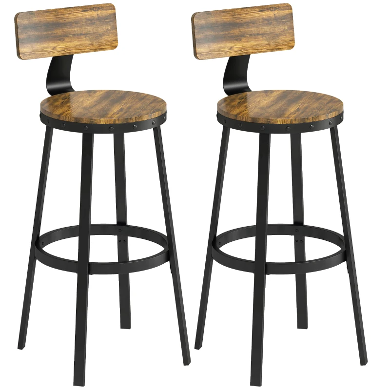 HOMCOM Set 2 Scaune de Bar, Șezuturi Rustice cu Spătar și Suport pentru Picioare, Maro Rustic
