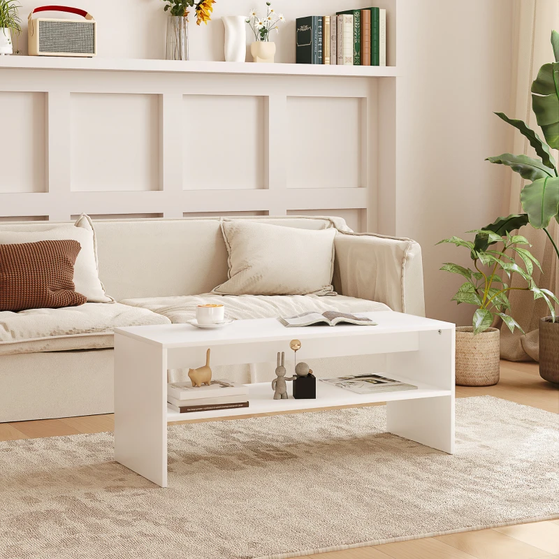 HOMCOM Tavolino da Caffè Moderno in Legno a 2 Livelli con Ripiano Aperto, 100x40x41.5 cm, Bianco