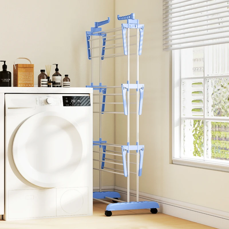 HOMCOM Foldable Clothes Drying Rack, 4-Tier Steel Garment Laundry Rack with Castors for Indoor and Outdoor Use, Blue