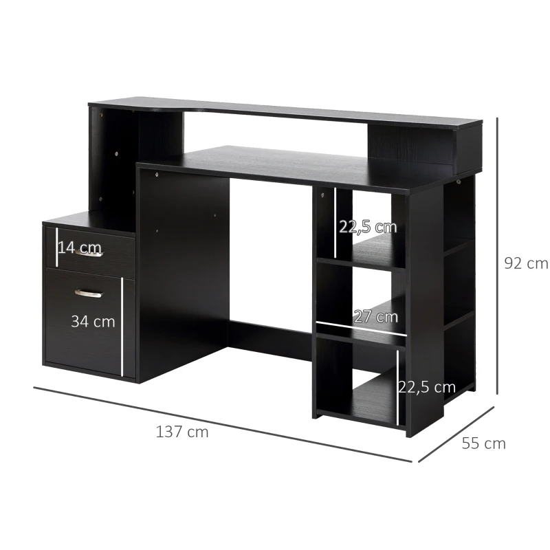 HOMCOM Secretária para computador com 2 gavetas, secretária com arrumação, 137 x 55 x 92 cm, prateleiras abertas e bandeja para impressora, estilo moderno, mesa para computador para quarto, estúdio, preto