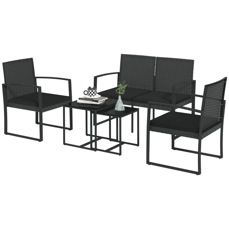 Outsunny Set da Giardino con 2 Sedie, Divanetto e 2 Tavolini con Cuscini e Piano in Vetro, Nero