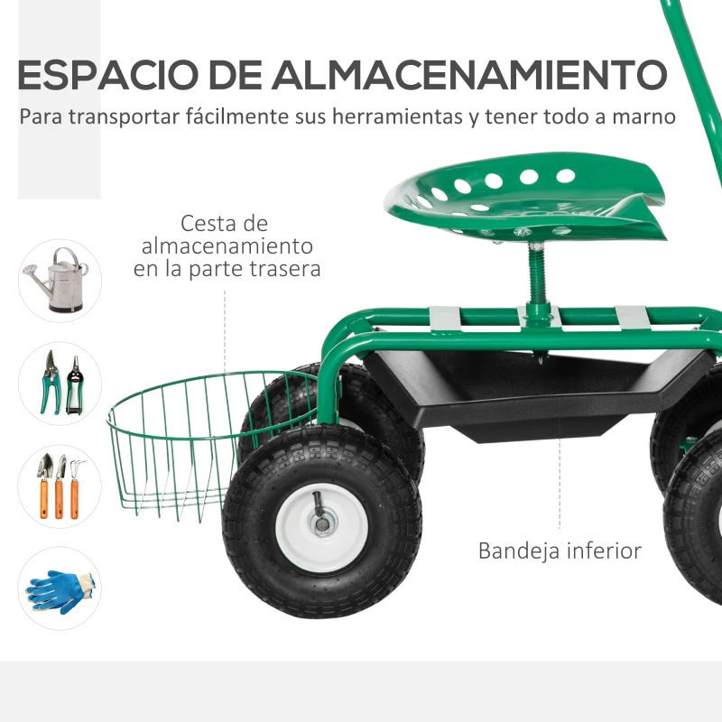 Outsunny Asiento de Jardín con Ruedas Asiento Giratorio y Ajustable en Altura Bandeja de Herramientas Cesta para Exterior Verde