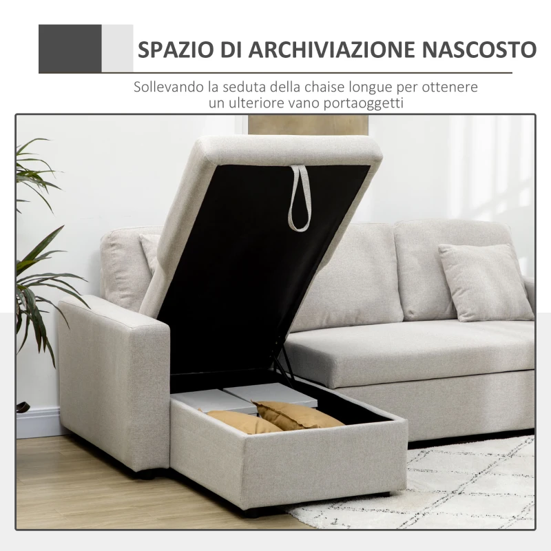 HOMCOM Divano Letto Angolare con Seduta 2 Posti e Penisola, Vano Contenitore e 2 Cuscini in Tessuto, Crema