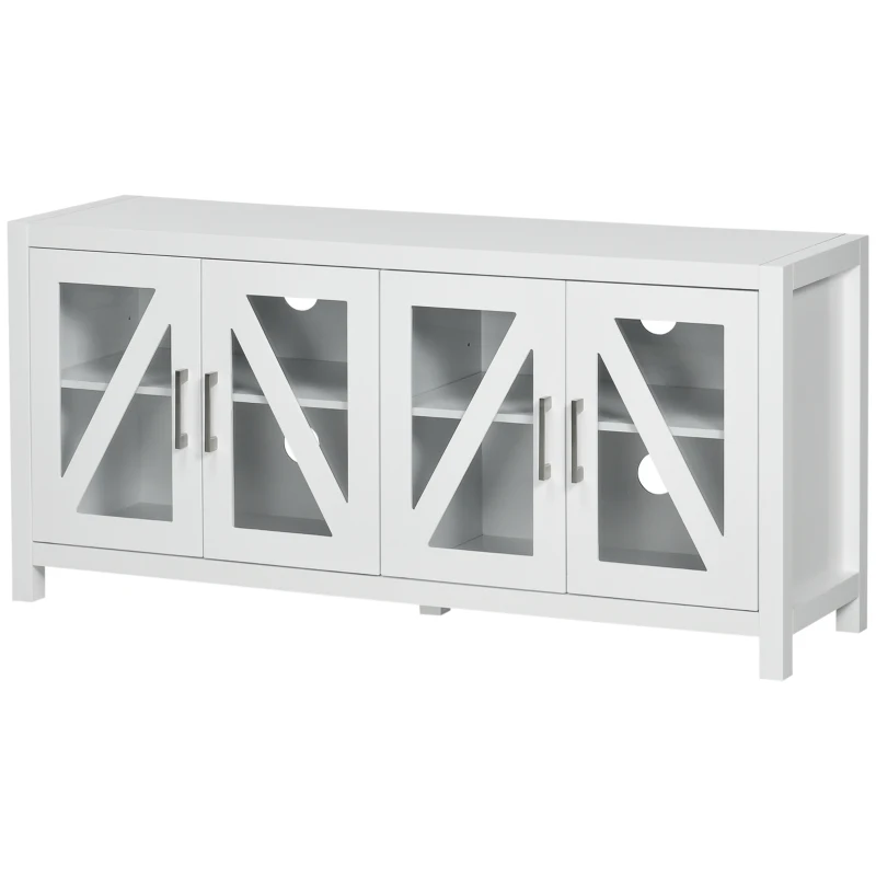 HOMCOM Mueble TV de Salón Mesa para Televisores de hasta 58" con 4 Puertas de Vidrio Estantes Ajustables 130x35x60 cm Blanco