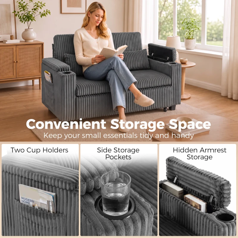 HOMCOM 2 Seater Sofa Bed, Pull Out Sleeper Sofa w/ Adjustable Backrest, Storage Armrests, Cup Holders, Side Pockets, Dark Grey