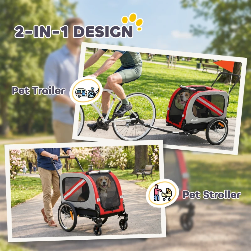 PawHut 2-In-1 Dog Bike Trailer Pet Stroller with Universal Wheel Reflector Flag Red