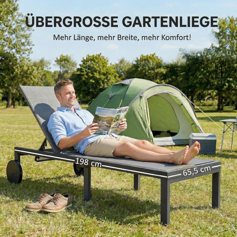 Outsunny Sonnenliege Atmungsaktive Gartenliege mit 6-fach Verstellbar Rückenlehne Rädern Aluminiumrahmen