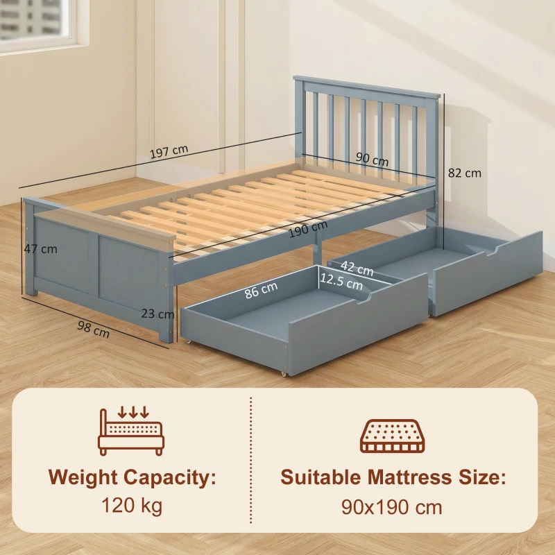 HOMCOM Pine Storage Bed, 3ft Single Solid Wooden Bed Frame with Drawers, Headboard, Wood Slat Support, Grey