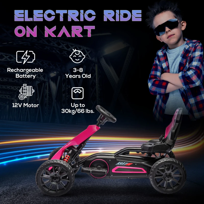 HOMCOM 12V Electric Go-Kart for Kids, Ride-On Racing Go-Kart, with Forward and Reversing Functions, for Ages 3-8 Years - Pink