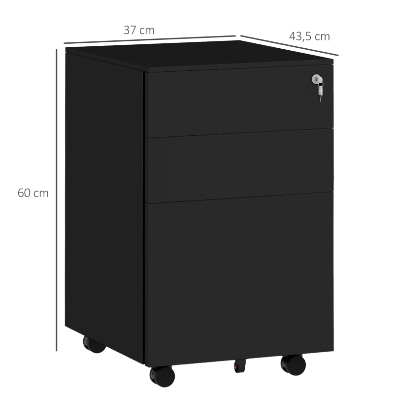 Vinsetto Gaveteiro móvel arquivo, 3 gavetas, trancável, com rodízios, 37 cm x 43,5 cm x 60 cm, Preto