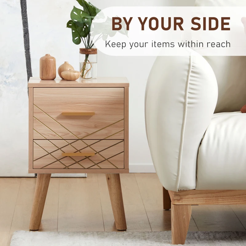 HOMCOM 2-Piece Scandinavian Bedside Tables with Drawers, Bedside Cabinets with Wood Legs, Natural