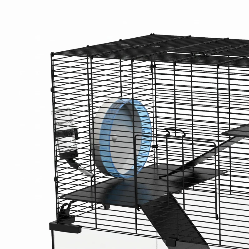 PawHut Cușcă pentru Hamsteri cu 3 Niveluri, Roată, Rampe și Bază Detașabilă, 60x40x57cm, Negru
