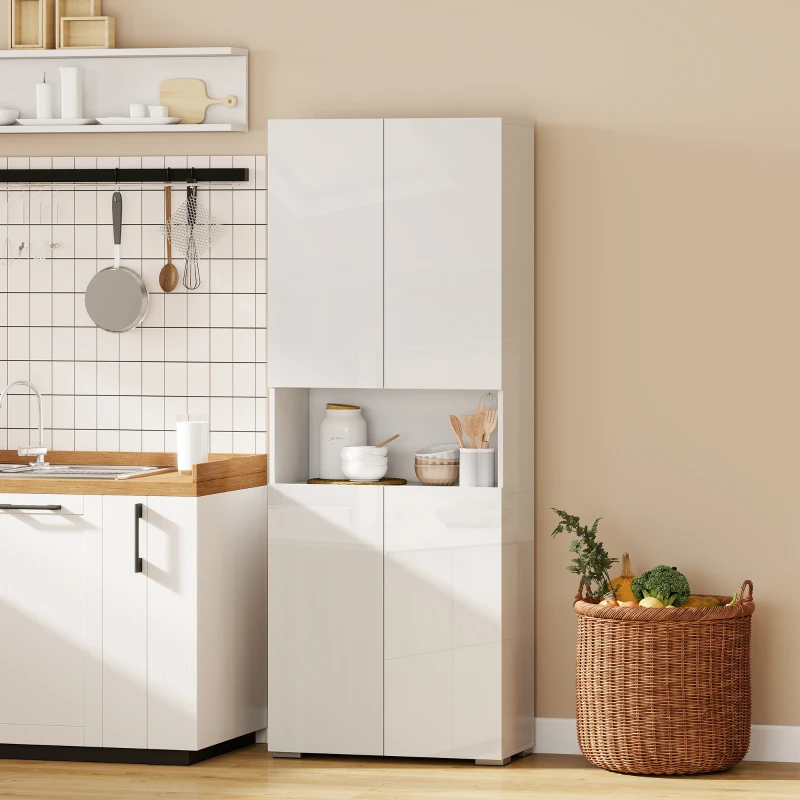 HOMCOM Credenza Cucina Alta 180cm, Mobile Dispensa con Ante Soft-Close, Ripiano Aperto, 2 Armadietti, Ripiani Regolabili, Mobile Cucina Moderno per Sala da Pranzo Soggiorno, Bianco Lucido