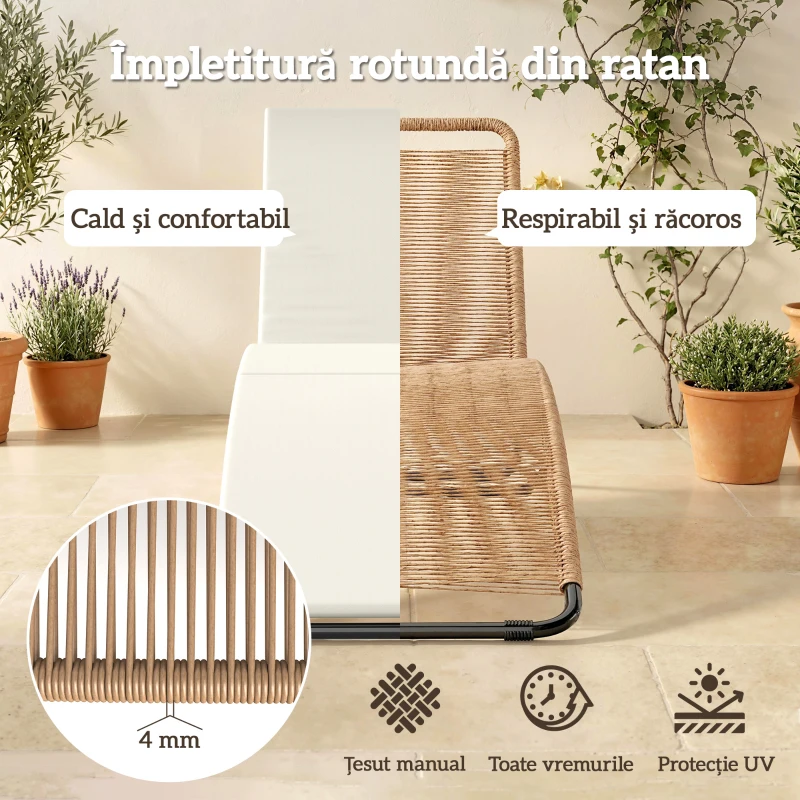 Outsunny Șezlong Exterior Ergonomic în S cu Pernă, din Ratan PE și Oțel, 175x57x80 cm, Crem