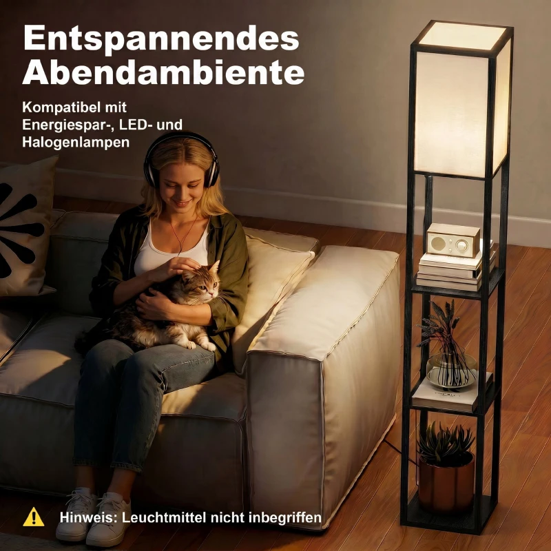 HOMCOM Stehlampe mit 3 Regalen, Stehleuchte mit E27 Fassung, 26 x 26 x 160 cm, für Wohn-/Schlafzimmer (Ohne Glühbirne)