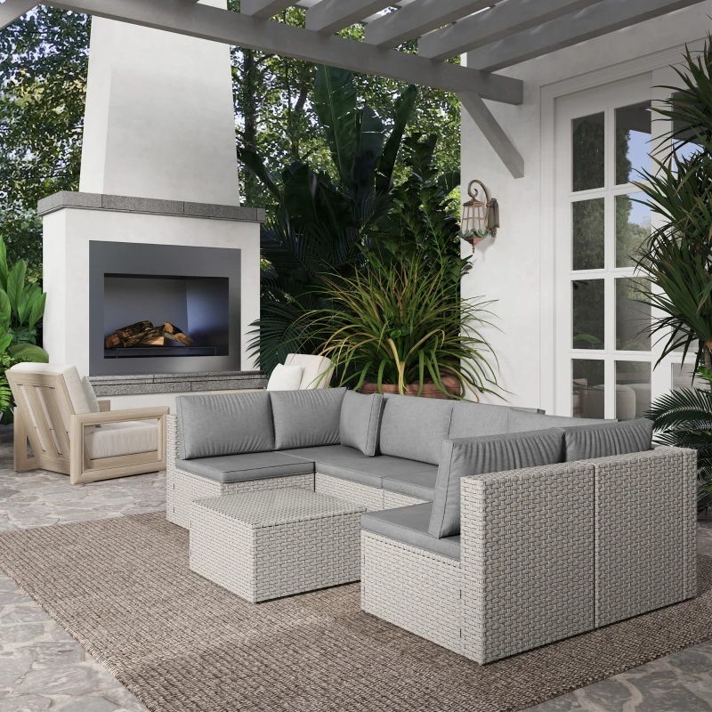 Outsunny 7 Pieces Rattan Garden Furniture Set, 6 Seater Garden Corner Sofa with Cushions and Glass Top Table, Sectional Outdoor Furniture Conservatory Set for Patio, Grey