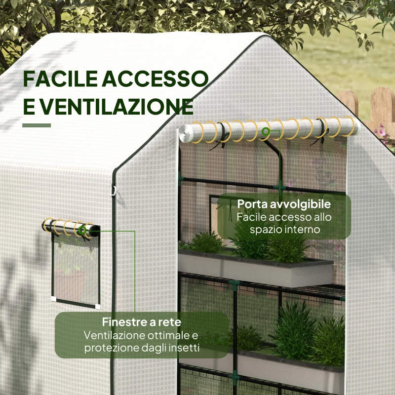 Outsunny Copertura PE per Serra da Giardino con Porta a Cerniera e Finestre, 140x143x190cm, Bianco