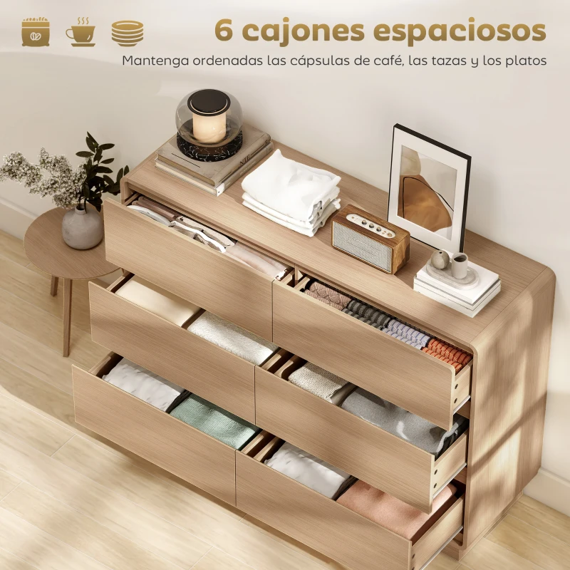 HOMCOM Cómoda con 6 Cajones Bordes Redondeados para Salón Cocina Entrada Oficina 120x38x86 cm Natural