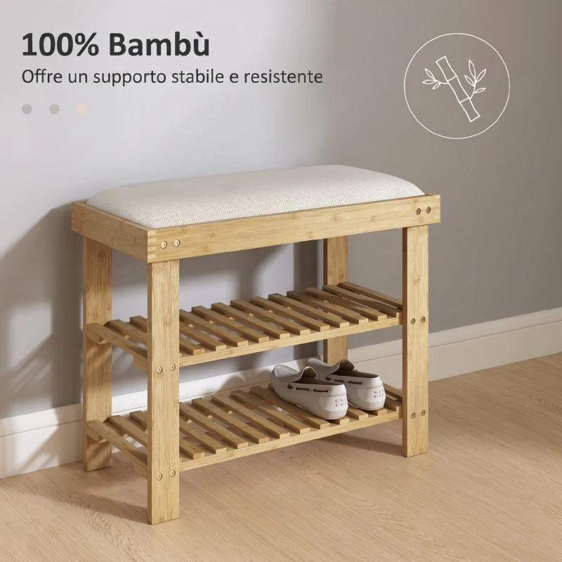 HOMCOM Panca Scarpiera da Ingresso in Bambù, con Seduta Imbottita a 2 Livelli, per 6 Paia di Scarpe, Ingresso Corridoio, 60x29x49cm, Bianco e Naturale