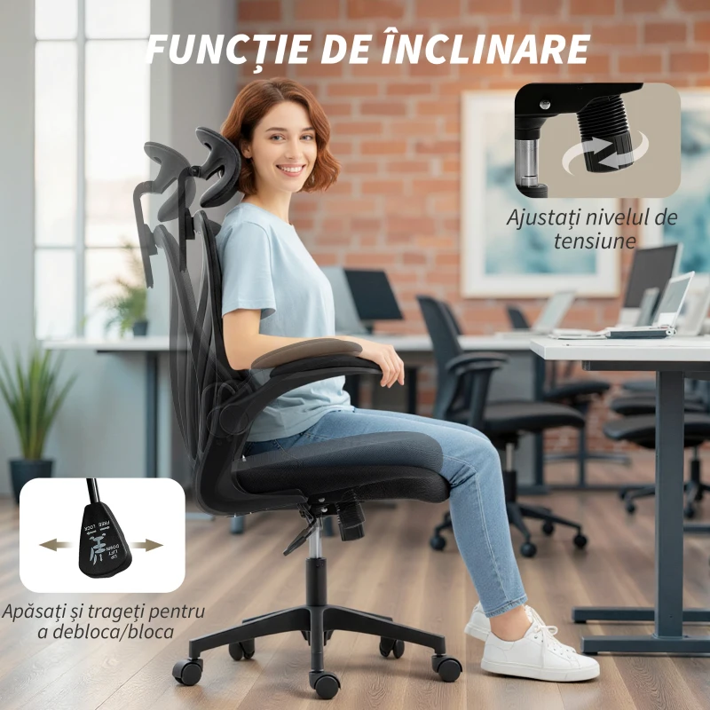 HOMCOM Scaun de Birou Ergonomic cu Brațe Rabatabile, Suport Lombar și Tetieră Reglabilă, Negru