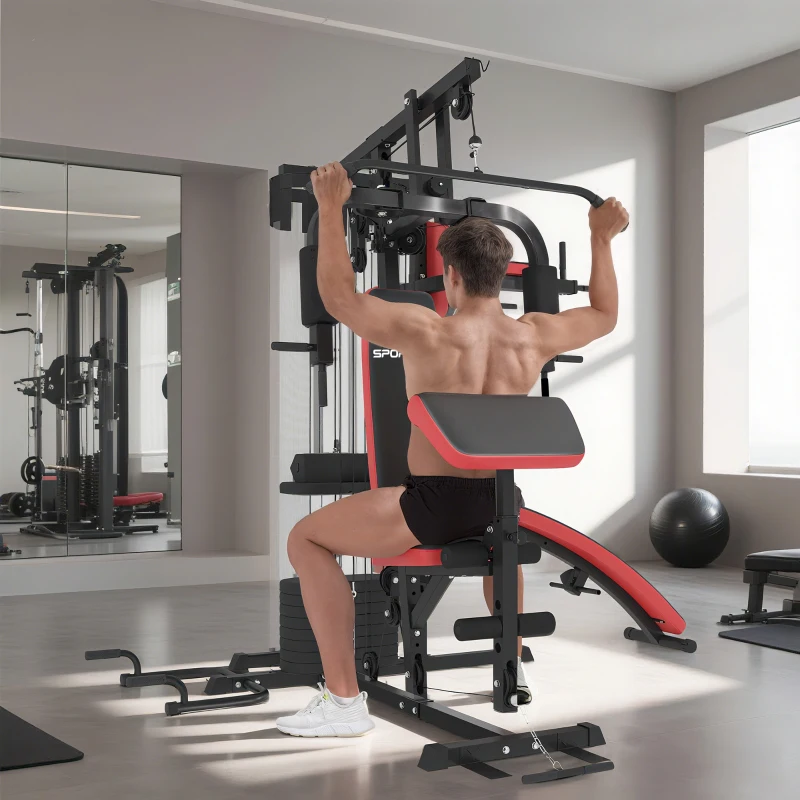 SPORTNOW Station Multi Gym avec Poids de 65 kg, Équipement de Musculation avec Banc pour Abdominaux, Noir et Rouge