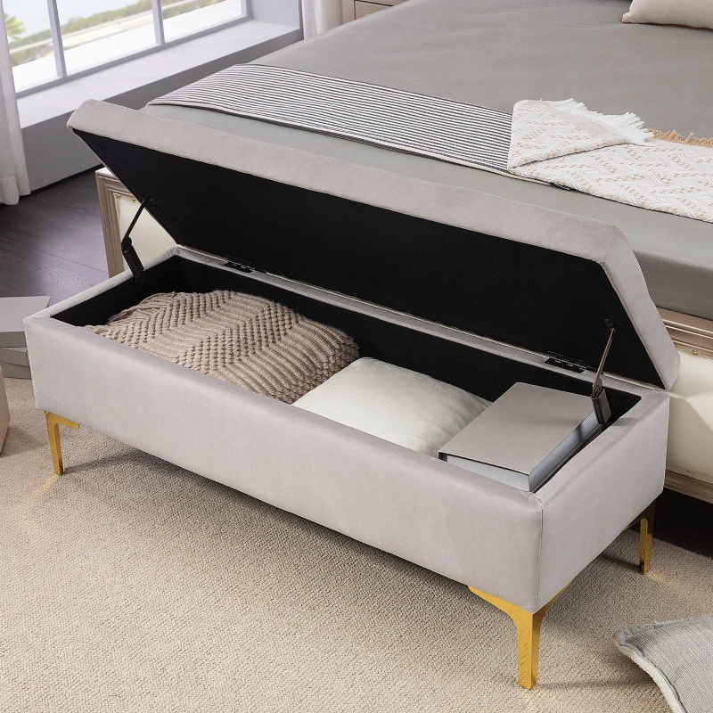 HOMCOM Panca Contenitore Fondo Letto con Tessuto Vellutato e Gambe Dorate, 120x44x44.5cm, Grigio Chiaro