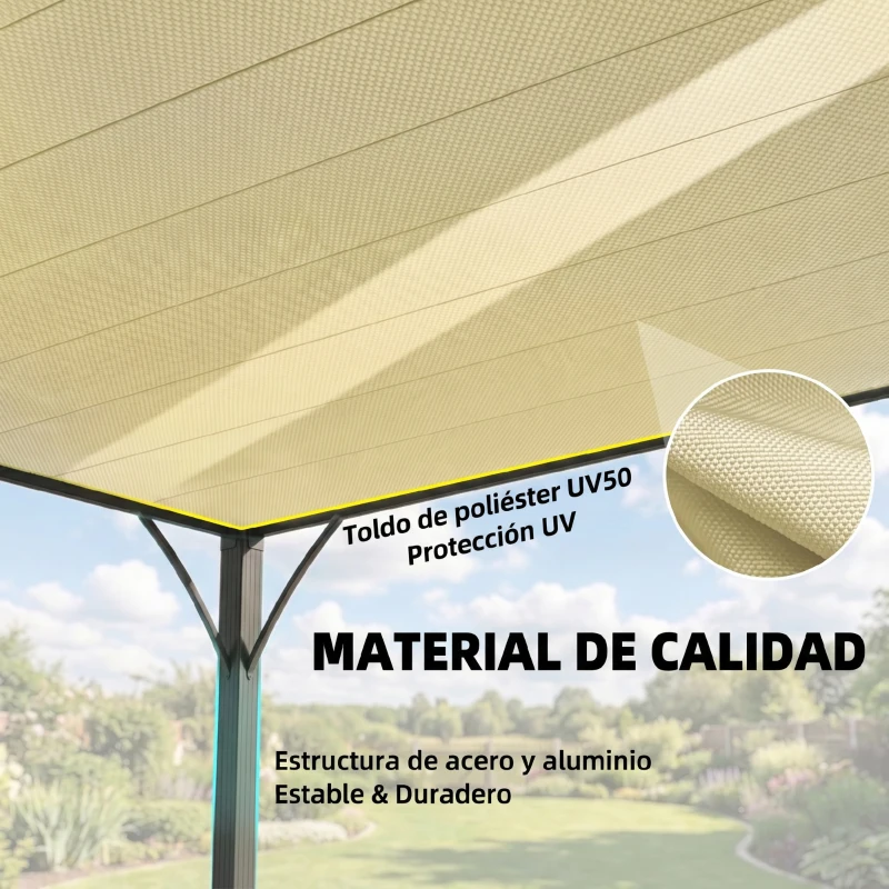 Outsunny Pérgola de Jardín 3x4 m con Protección UPF30+ Gazebo con Techo Ajustable Estructura de Aluminio para Exterior Crema