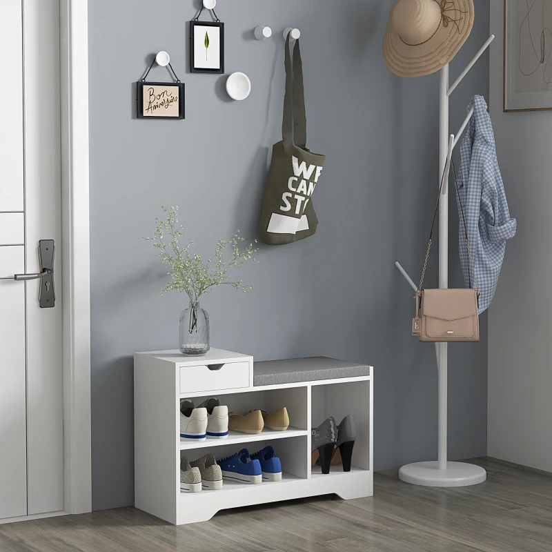 HOMCOM Meuble et banc à chaussures 1 tiroir et 3 compartiments, capacité 5 paires MDF, 76,5L x 30D x 52H cm