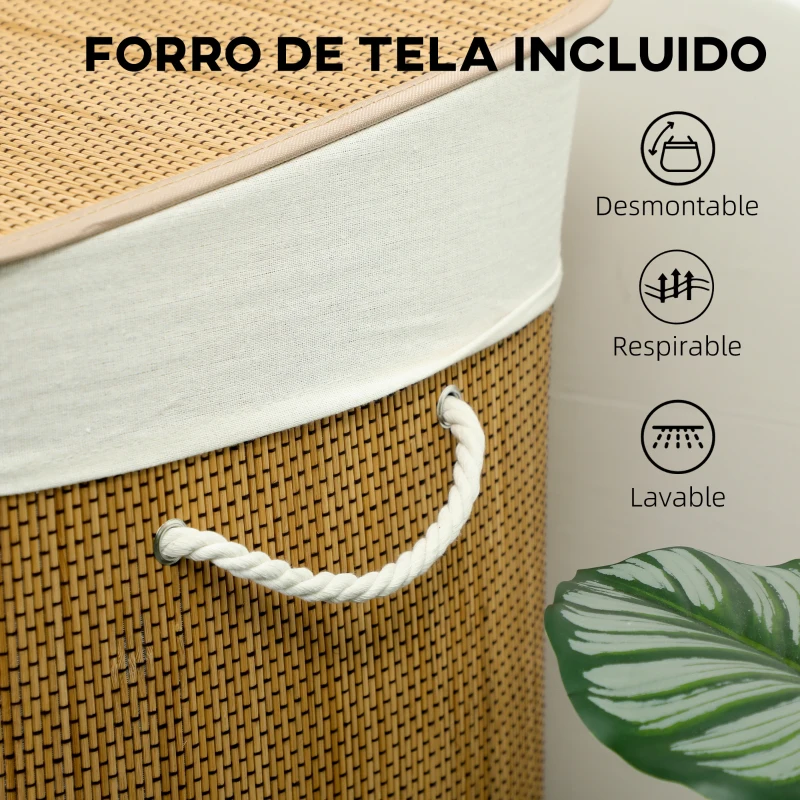 HOMCOM Cesto de Ropa Sucia de Bambú con 1 Compartimento Asas para Facilitar el Uso y Bolsas Desmontables Lavables 60x40x60 cm