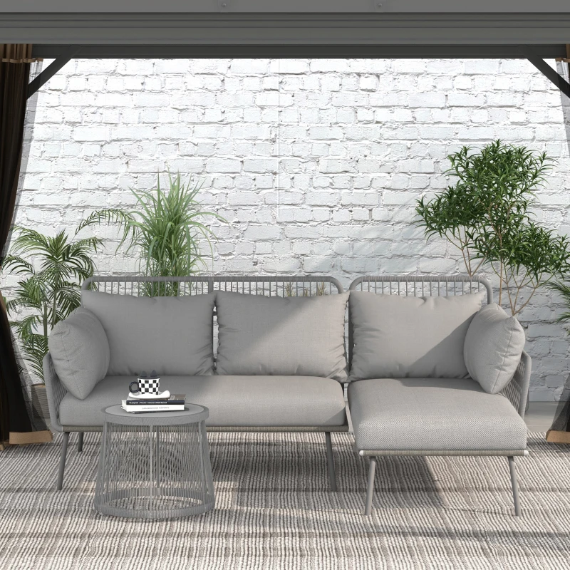 Outsunny Set da Giardino in Rattan PE Stile Boho, Divano 2 Posti con Chaise Longue e Tavolino, Grigio Chiaro