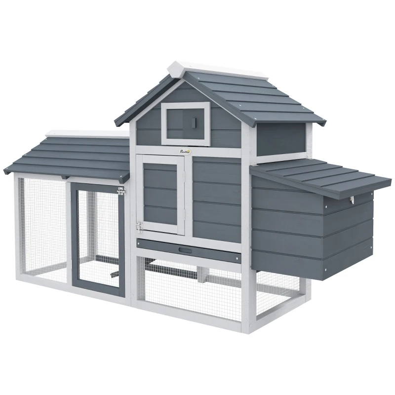 PawHut Petit poulailler cottage cage à poules sur pied dim. 150,5L x 54l x 87H cm multi-équipement bois massif de sapin